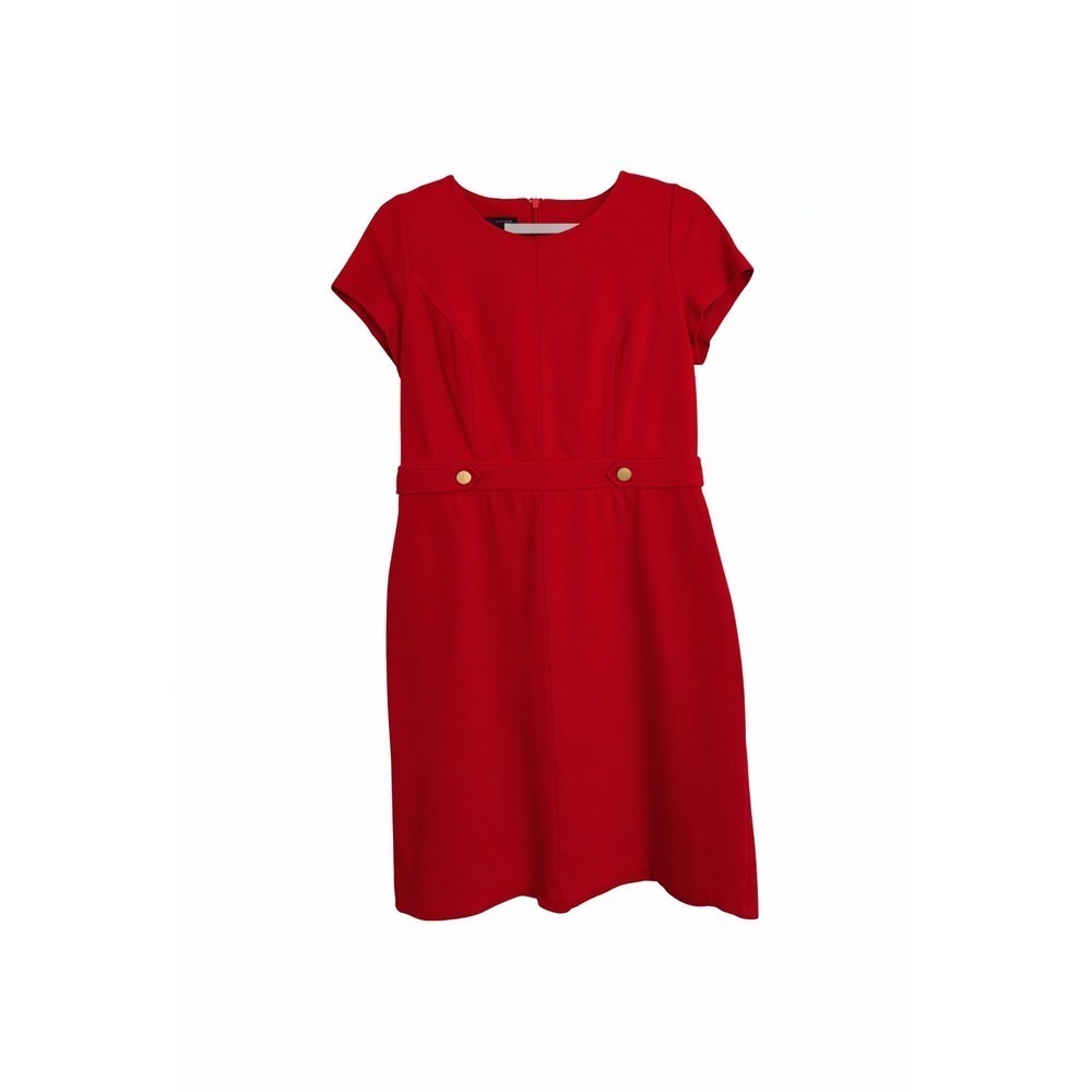 Talbots Red Ponte Sheath Dress Size 8P Classic Style, Gold Button waist accent - Picture 8 of 8